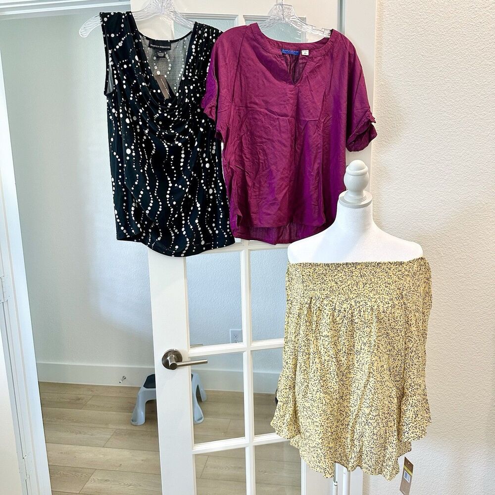 Lot 3 Women Shirts Medium Dressy Casual Yellow Purple Black Tank Off-Shoulder
